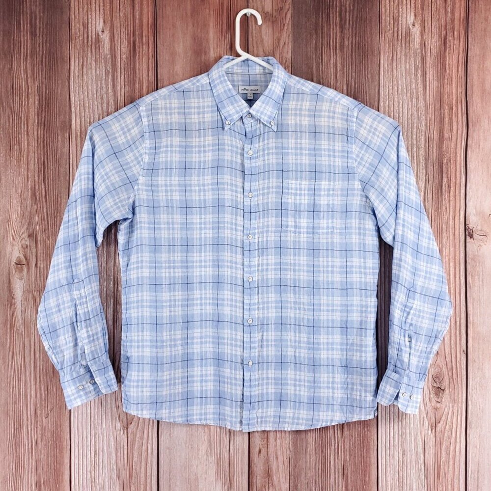 Peter Millar Mens Size Large Blue White 100% Linen Long Sleeve Button Down Shirt